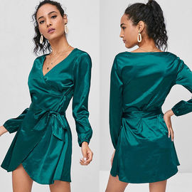 2018 Fashion Fall Clothing Women Satin Wrap Dress Long Sleeve Mini