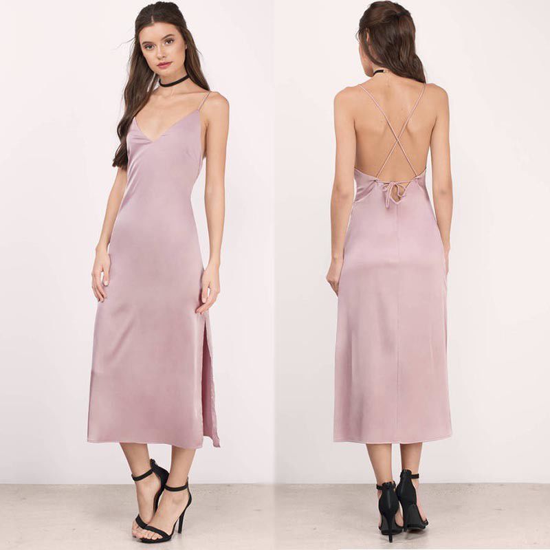 Sexy Satin Summer Midi Dress Women with Slit